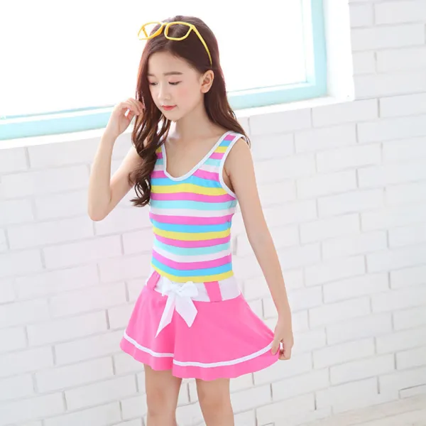 Kids Girls Colourful Stripe Bathing Suits Bowknot Ruffle One-Piece Swimsuits Beachwear