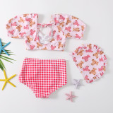 3PCS Baby Toddler Girl Swimsuit Cartoon Bear Plaids Bikini Set