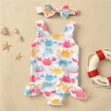 Baby Girls Swimsuit Cartoon Crab Printing Ruffled Swimwear with Bowknot Hairband