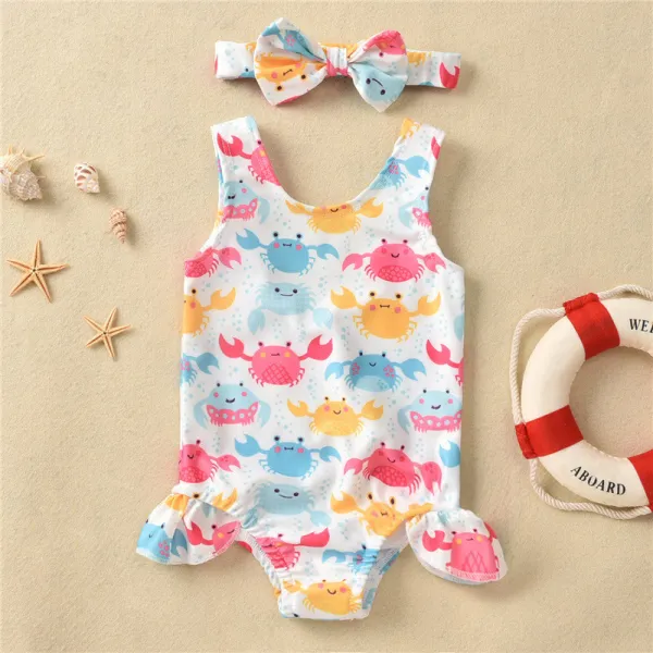 Baby Girls Swimsuit Cartoon Crab Printing Ruffled Swimwear with Bowknot Hairband
