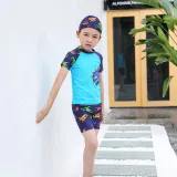 Kids Boy Swimsuit Short Sleeve Cartoon Dinosaur Beachwear Set With Cap