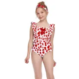 Girls Swimsuit Petal Printed Flounces Sleeve Bowknot One-Piece Bikini Set Beachwear