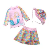3PCS Baby Toddler Girl Cartoon Mermaid Swimsuit Long-Sleeves Skirts Set