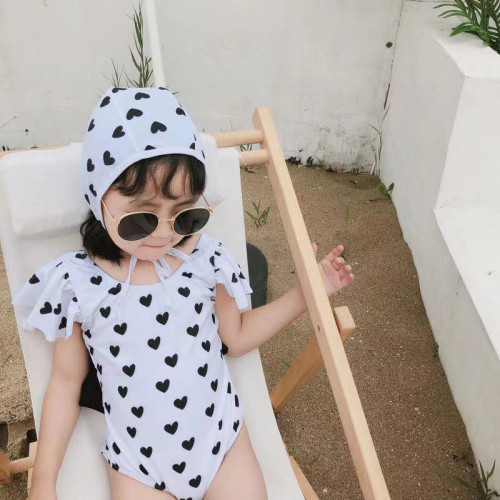 Baby Girls Swimsuit Heart Shape Bowknot Flounce One-Piece Bikini With Cap