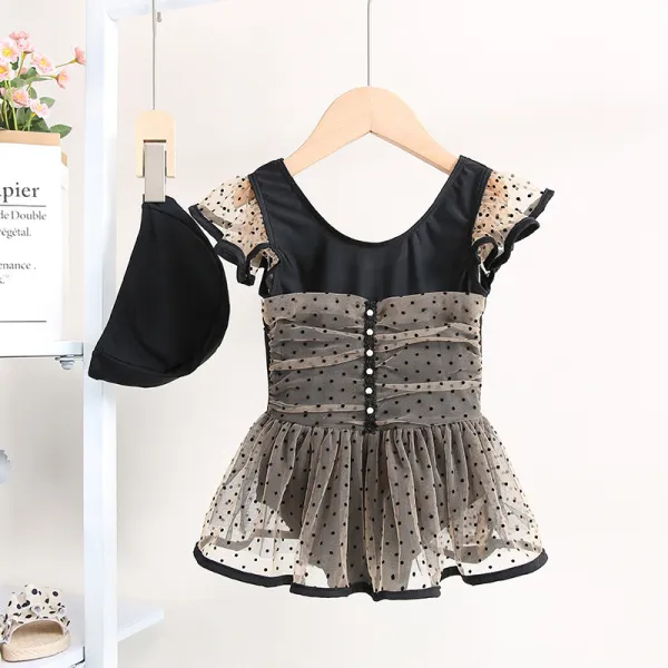 Toddler Girl Swimsuit Black Dot Gauzy Dress Ruffled Beachwear