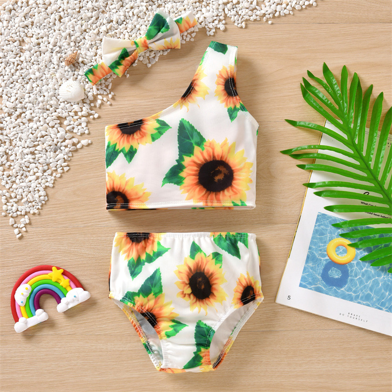 Baby Girl Swimsuit Sunflower Leaves Printing One Shoulder With Bow Headband