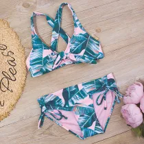 Toddler Girl Swimsuit Leaves Printing Bikini Bowknot Beachwear Set