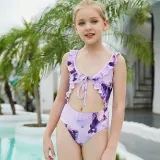 Toddler Girls Swimsuit Purple Tie-Dye Ruffled Tie Bikini Beachwear