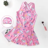 Kids Girls Pink Rainbow Unicorn Heart Printed Bathing Suits Bowknot Ruffle One-Piece Swimsuits