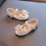 Kids Girl Flat Rhinestones Pearl Bow Tie Dress Shoes
