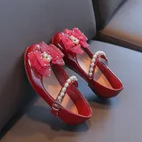 Kids Girl Flat Rhinestones Pearl Bow Tie Dress Shoes