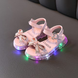 Kids Girl Pearl Bow Tie Summer LED Light Flat Sandals