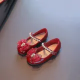 Kids Girl Flat Rhinestones Pearl Bow Tie Dress Shoes
