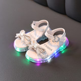 Kids Girl Pearl Bow Tie Summer LED Light Flat Sandals