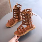 Kids Girl Cut Out Gladiator Flat Knee High Beach Sandal Shoes