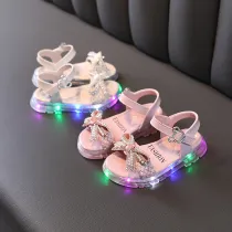 Kids Girl Pearl Bow Tie Summer LED Light Flat Sandals