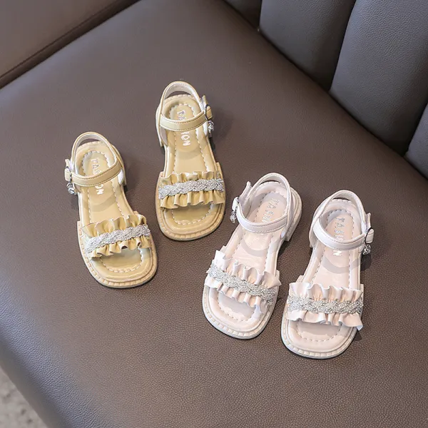 Kids Girl Rrhinestones Ruffles Flat Slipper Summer Beach Sandals