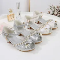 Kids Girl High Heel Pearl Bow Tie Dress Shoes