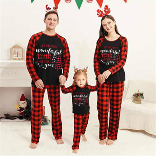 Most Wonderful Time Slogan Christmas Family Matching Sleepwear Pajamas Sets Tops And Plaids Pants