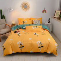 4PCS Cover Bedding Yellow And Green Two-Sided Flower Printed Set