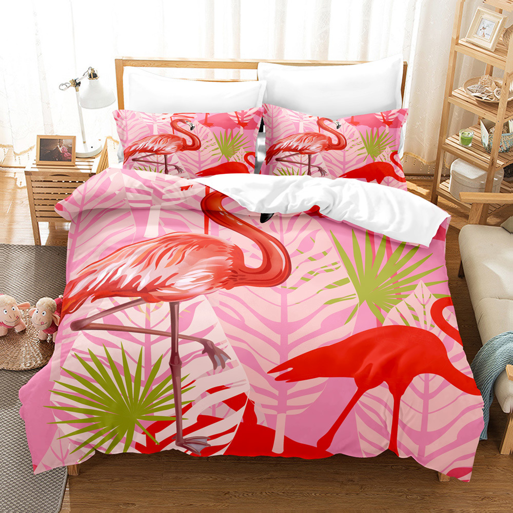 Pink Cute Romantic Flamingo Cartoon Printing Bedding Set