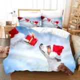 Cute Dog Pet Christmas Hat Bedding Full Twin Queen King Quilt Duvet Covers Sets