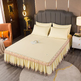 Bedding Pure Color Lace Edge Printing Antislip Bed Skirt Sheet With Pillowcases