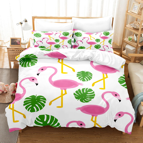 White Simple Flamingo Cartoon Printing Bedding Set