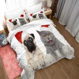 Cute Dog Pet Christmas Hat Bedding Full Twin Queen King Quilt Duvet Covers Sets