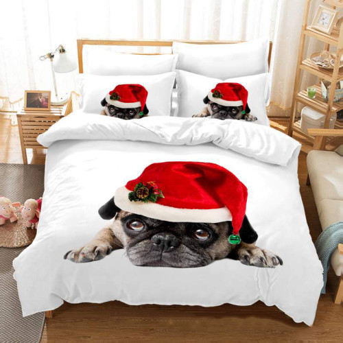 Cute Dog with Christmas Hat Bedding Full Twin Queen King Quilt Duvet Covers Sets