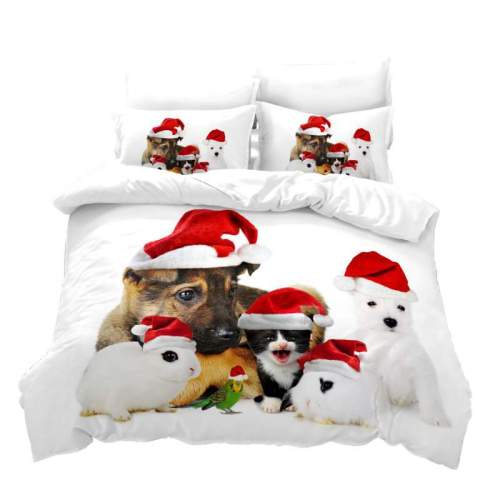 Printed Cute Cat Dog Pet with Christmas Hat Bedding Full Twin Queen King Quilt Duvet Covers Sets