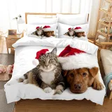 Cute Dog Pet Christmas Hat Bedding Full Twin Queen King Quilt Duvet Covers Sets