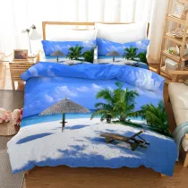 Blue Sky And White Clouds Coconut Tree Seaside Bedding Set