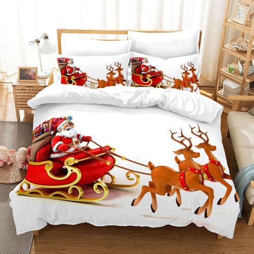 Santa Claus Deer Sleigh Gift Bedding Full Twin Queen King Quilt Duvet Covers Sets