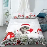 Cute Cat Dog Horse with Christmas Hat Bedding Full Twin Queen King Quilt Duvet Covers Sets