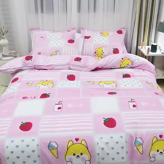 Simple Pink And White Princess Cartoon Cotton Bedding Set