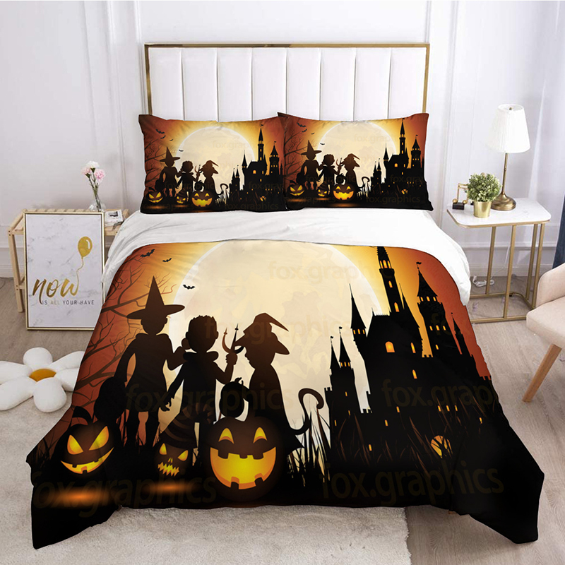 Pumpkin Lantern Bat Wizard Halloween Bedding Full Twin Queen King Quilt Duvet Covers Sets