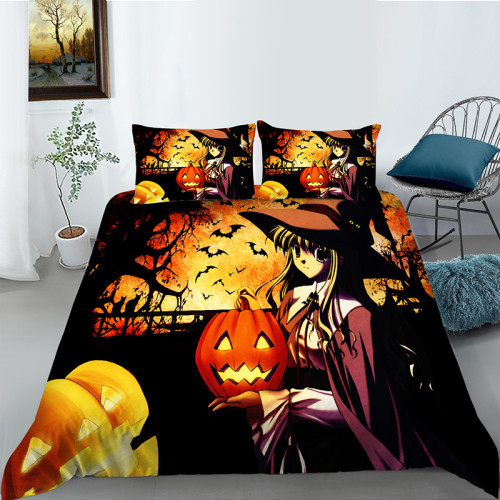 Printed Pumpkin Lantern Witch Bat Halloween Night Bedding Full Twin Queen King Quilt Duvet Covers Sets