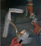 Silver Rhinestone Shine Anckle Strap Buckle Heel Platform Party Sandals