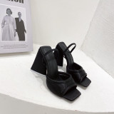 Satin Square Open Toe Party Triangle Chunky Heel Sandals