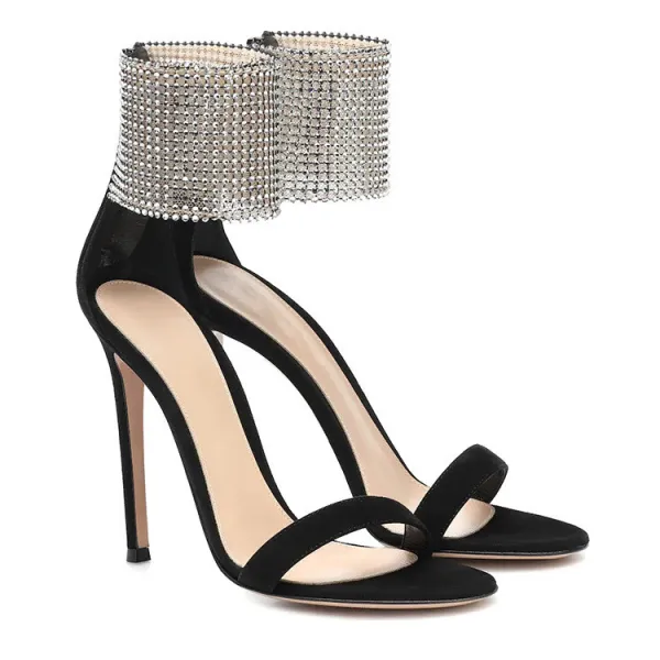 Tassel Diamonds Rhinestone Black Ankle Stiletto Heels Pumps Sandal Shoes