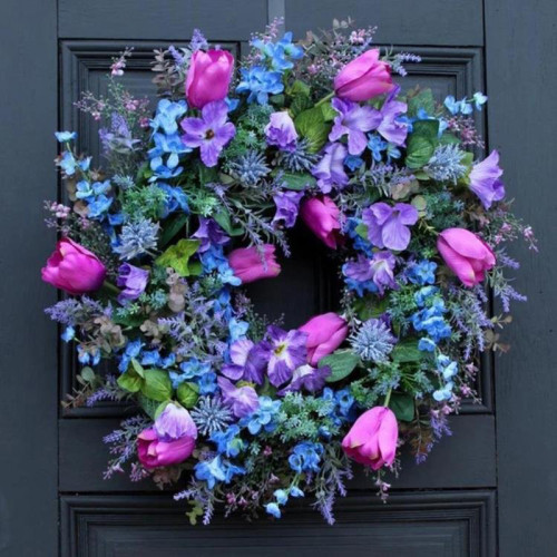 Purple Tulip Wreath Front Door Decor Blue Flower Hanging Ornament
