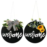Welcome Slogan Wooden Doorplate Bowknot Flower Front Door Wall Hanging Decor