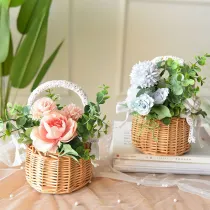 Handmade Rattan Flower Basket with Lace Wrapped Handle Wedding Flower Girl Flower Basket