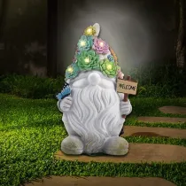 Solar Gnome Statue Flower Lights Resin Dwarf Figurine Garden Decoration