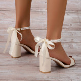 PU High Chunky Heels Pearl Ankle Party Sandals