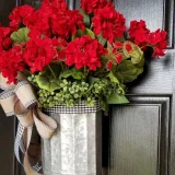 Red Geranium Cradle Wreath Burlap Bowknot Front Door Hanging Decor
