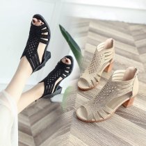 Jewelry Mesh Weave Hollow Out Fish Mouth Chunky Heels Sandals