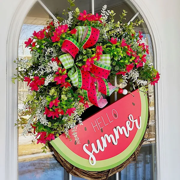 Hello Spring Watermelon Wreath Front Door Decor Wood Hanging Ornament