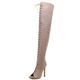 Hollow Out Lace Up Over The Knee Peep Round Toe Women Thigh High Boots